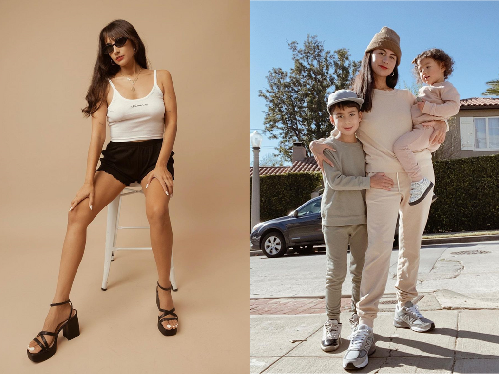 Collage photo of Natalie at a Fashion Mamas photoshoot and a photo of her with her kids
