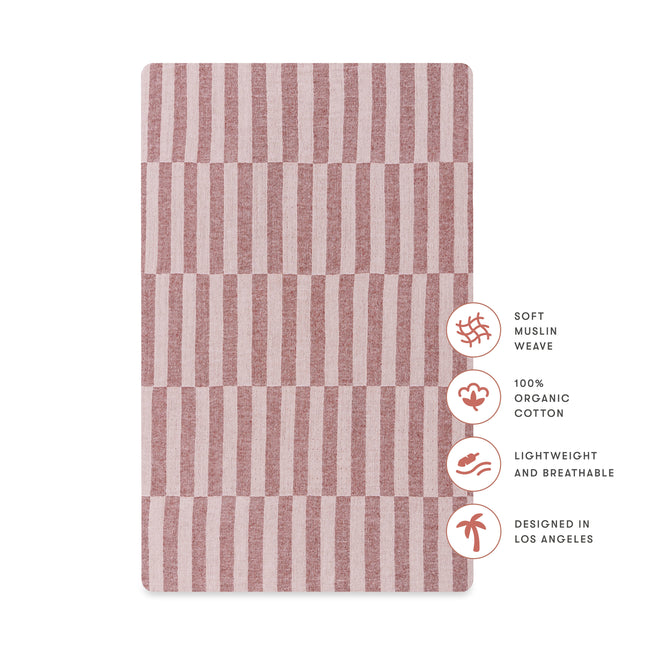 T30434,Babyletto,Maroon Stripe Muslin All-Stages Bassinet Sheet in GOTS Certified Organic Cotton