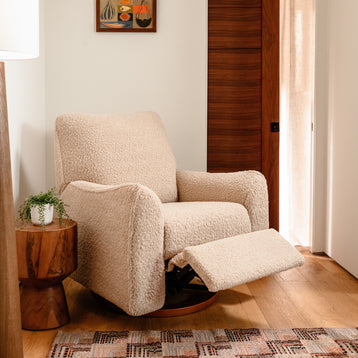 M24087CSGDB,Nursery Works,Sunday Power Recliner and Swivel Glider in Chai Shearling w/ Dark Wood Base
    srcset=