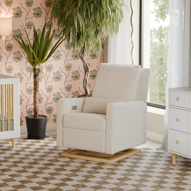 M23085WBLB,Babyletto,Sigi Glider Recliner w/ Electronic Control and USB in Ivory Boucle w/Light Wood Base