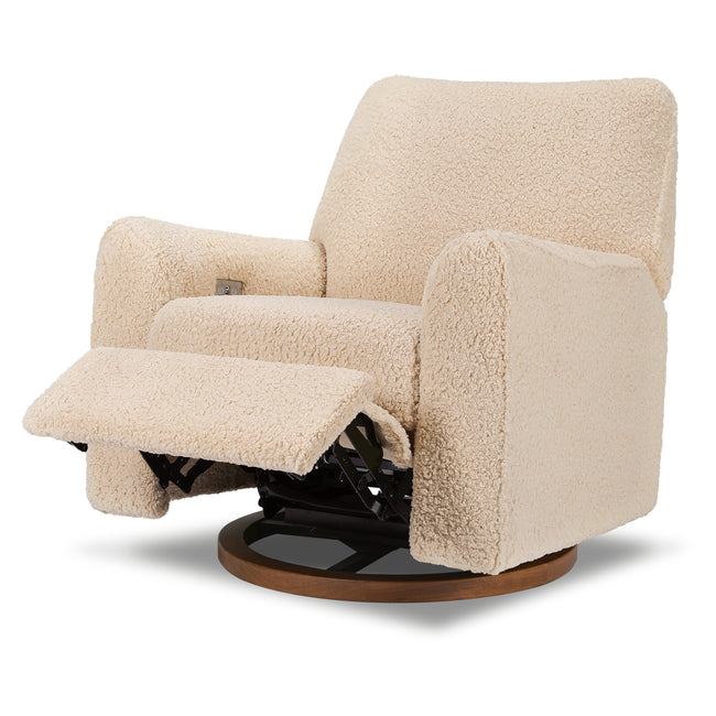 M24087CSGDB,Nursery Works,Sunday Power Recliner and Swivel Glider in Chai Shearling w/ Dark Wood Base