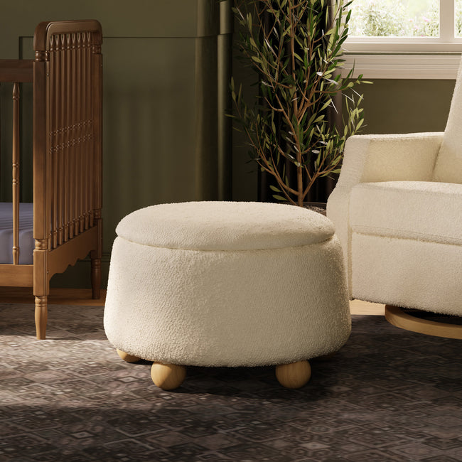 M30985PWBHF,Namesake,Tuffet Storage Ottoman in Performance Ivory Boucle w/Honey Ball Feet