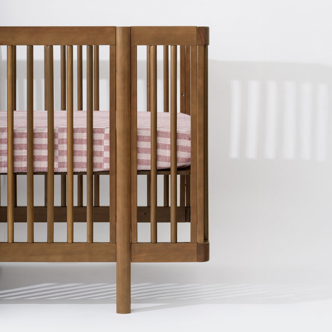 T30435,Babyletto,Maroon Stripe Muslin Crib Sheet in GOTS Certified Organic Cotton