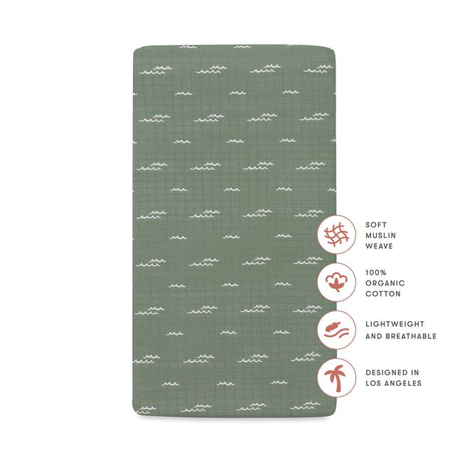 T27135,Babyletto,Ocean Waves Muslin Crib Sheet in GOTS Certified Organic Cotton