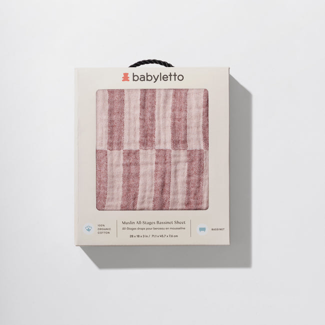 T30434,Babyletto,Maroon Stripe Muslin All-Stages Bassinet Sheet in GOTS Certified Organic Cotton