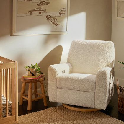 M24087CMSGLB,Nursery Works,Sunday Power Recliner and Swivel Glider in Cream Shearling w/ Light Wood Base