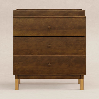M12923NLGLD,Babyletto,Gelato 3-Drawer Changer Dresser Gold Feet w/Removable Changing Tray in Natural Walnut