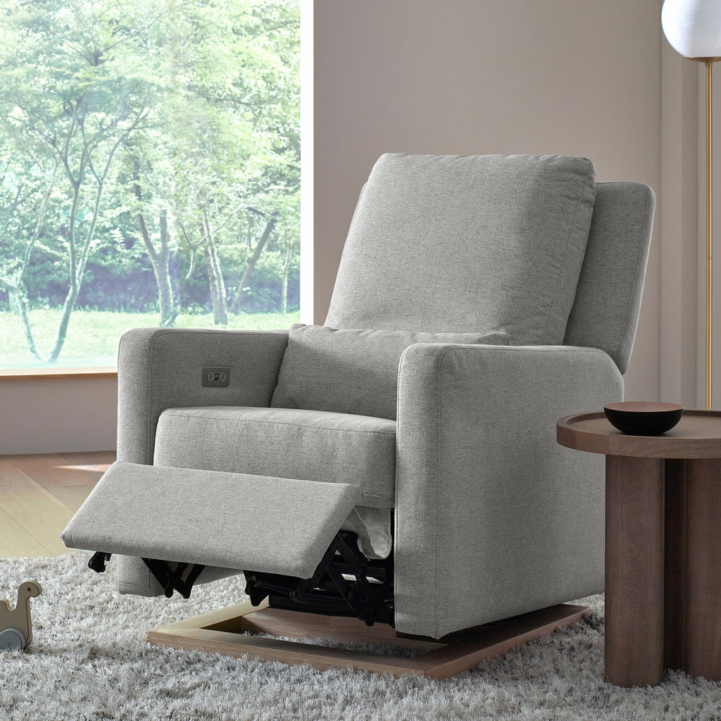 M23085PGEWLB,Sigi Glider Recliner w/ Electronic Control and USB in Performance Grey Eco-Weave w/Light Wood Base