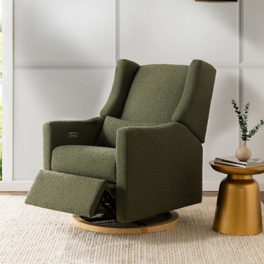 M11288OBLB,Kiwi Glider Recliner w/ Electronic Control and USB in Olive Boucle w/Light Wood Base