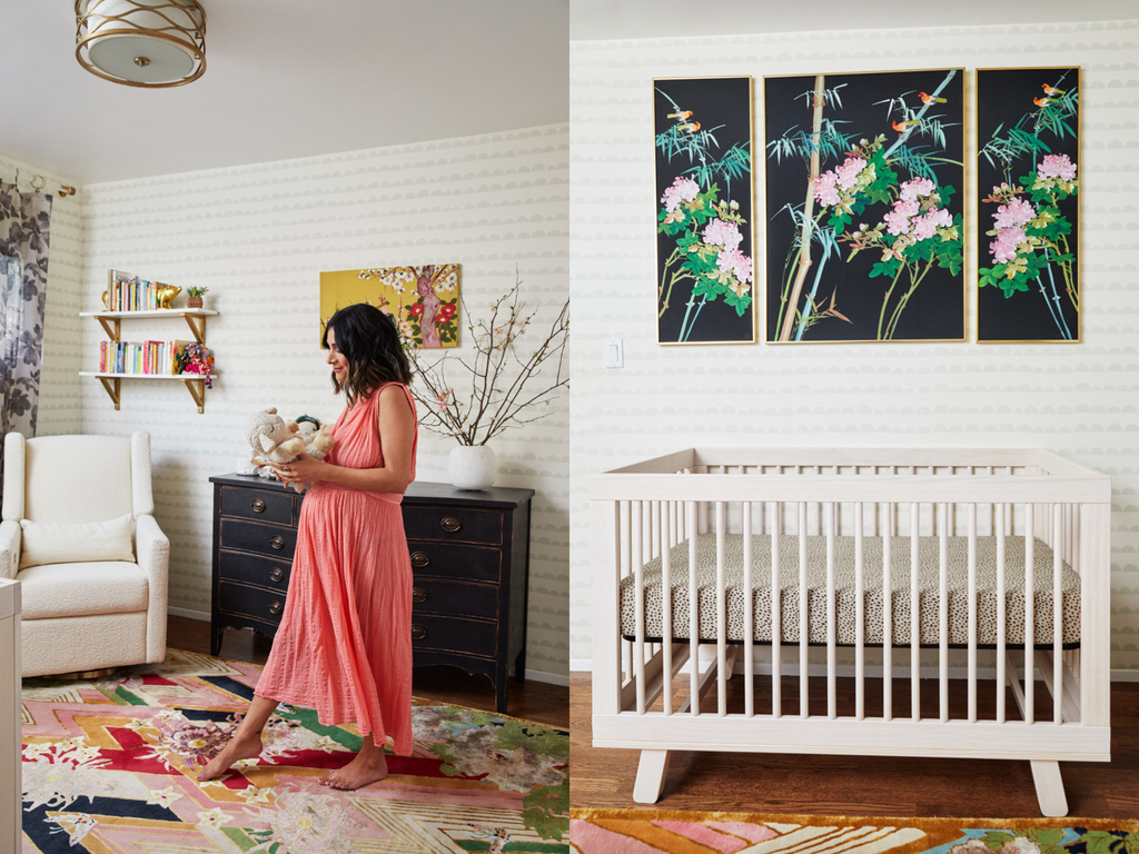 Collaged photo of Annette in her Vintage Maximalism nursery with the babyletto Kiwi Recliner in Ivory Boucle (left) and Hudson 3-in-1 Crib in Washed Natural (right). Styled with vintage silk botanical prints and thrifted black French Provincial dresser