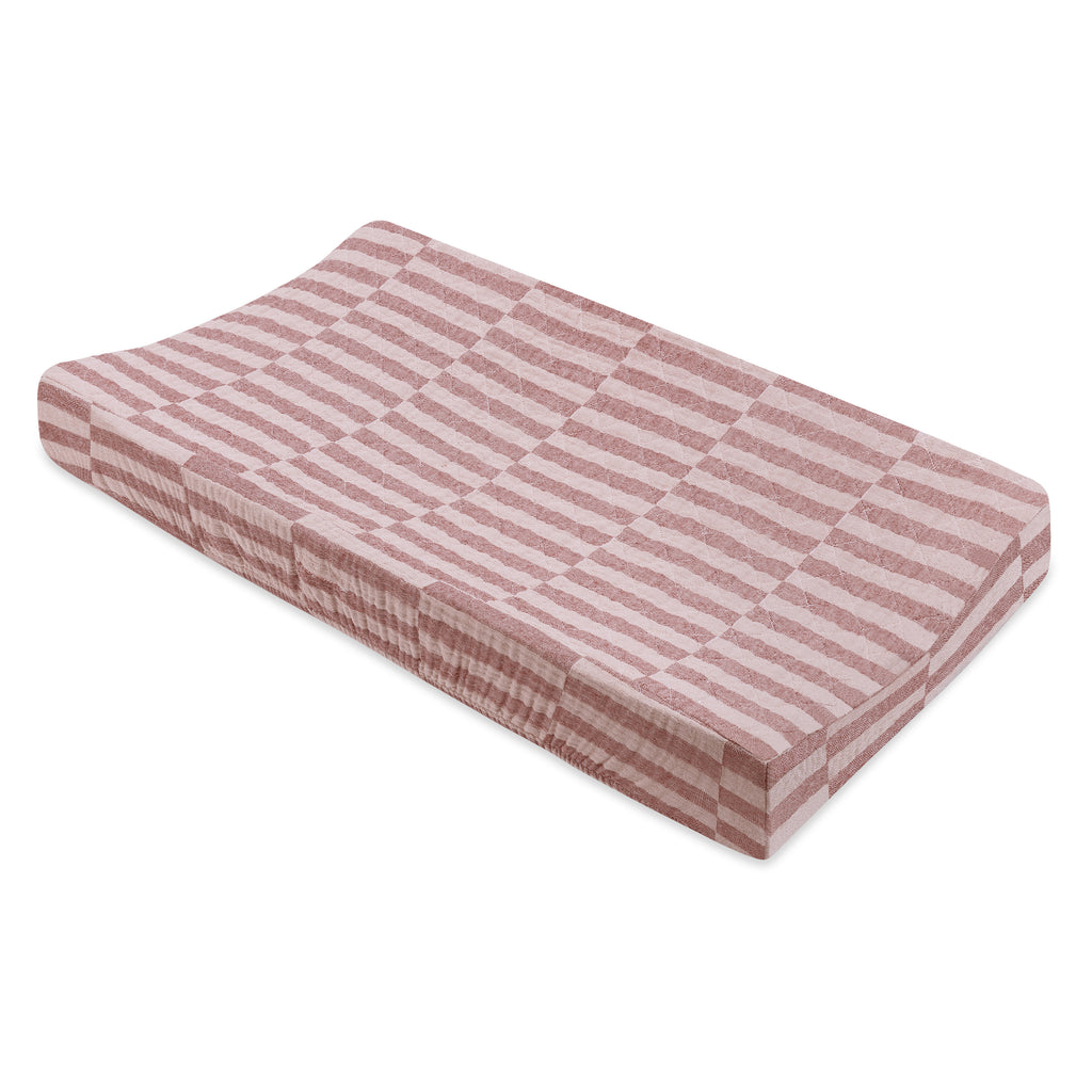 T30437,Babyletto,Maroon Stripe Quilted Muslin Changing Pad Cover in GOTS Certified Organic Cotton