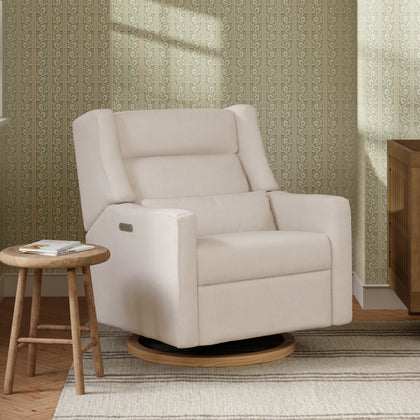 M11278PCMEWLB,Babyletto,Kiwi Plus Chair and a Half Power Glider Recliner in Performance Cream Eco-Weave w/ Light Wood Base