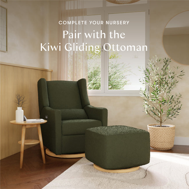 M11288OBLB,Babyletto,Kiwi Glider Recliner w/ Electronic Control and USB in Olive Boucle w/Light Wood Base