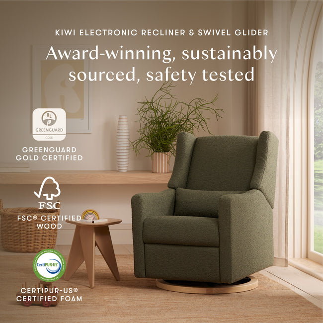 M11288OBLB,Babyletto,Kiwi Glider Recliner w/ Electronic Control and USB in Olive Boucle w/Light Wood Base