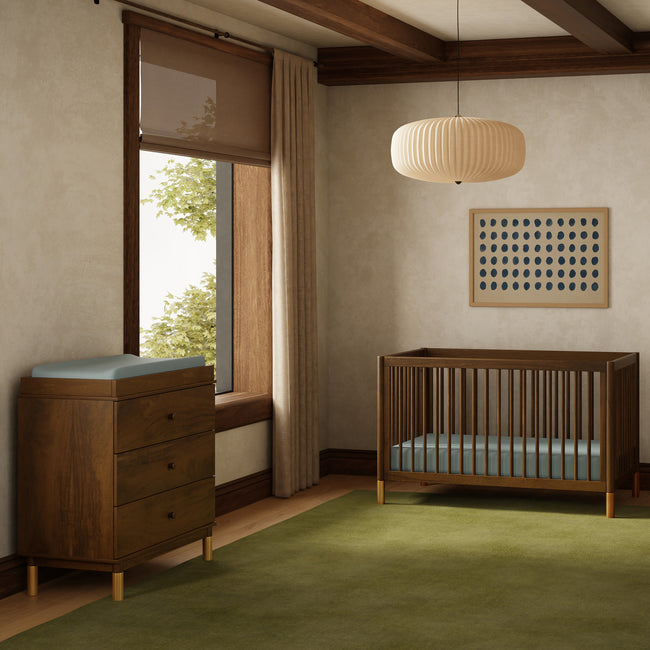 M12923NLGLD,Babyletto,Gelato 3-Drawer Changer Dresser  Gold Feet w/Removable Changing Tray in Natural Walnut