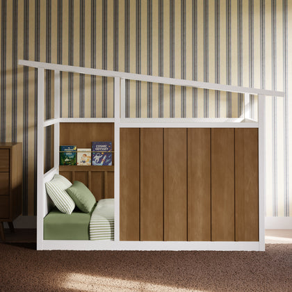 M15976NLW,Babyletto Kids,Palma Mid-Century House Twin Bed in Natural Walnut and White