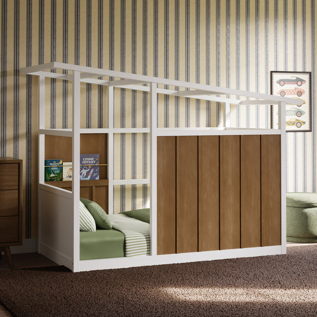M15976NLW,Babyletto Kids,Palma Mid-Century House Twin Bed in Natural Walnut and White