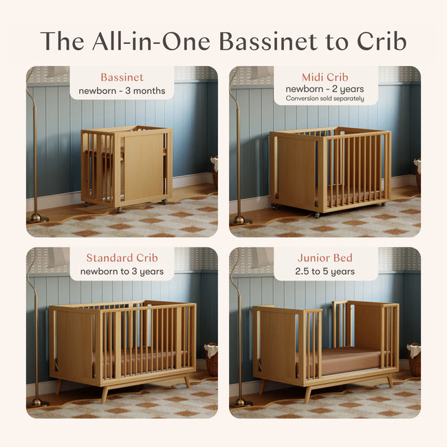 M15980HY,Babyletto,Palma 8-in-1 Convertible All-Stages® Crib w/ Bassinet & Toddler Bed Kits in Honey