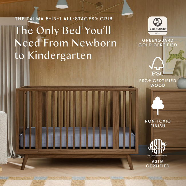 M15980NL,Babyletto,Palma 8-in-1 Convertible All-Stages® Crib w/ Bassinet & Toddler Bed Kits in Natural Walnut