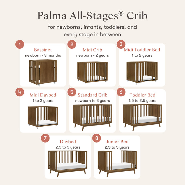 M15980NL,Babyletto,Palma 8-in-1 Convertible All-Stages® Crib w/ Bassinet & Toddler Bed Kits in Natural Walnut