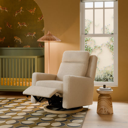 M23082ATLB,Babyletto,Sigi Pro Power Glider Recliner w/ Power Lumbar in Almond Teddy Loop w/Light Wood Base