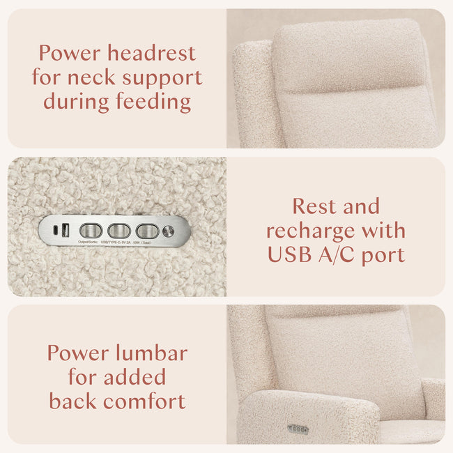 M23082ATLB,Babyletto,Sigi Pro Power Glider Recliner w/ Power Lumbar in Almond Teddy Loop w/Light Wood Base