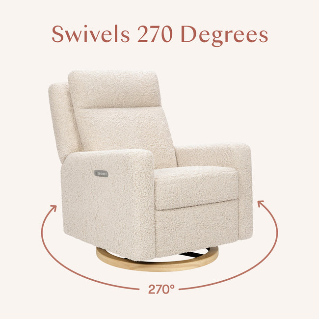 M23082ATLB,Babyletto,Sigi Pro Power Glider Recliner w/ Power Lumbar in Almond Teddy Loop w/Light Wood Base