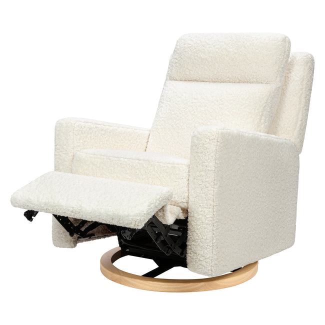 M23082CMSGLB,Babyletto,Sigi Pro Power Glider Recliner w/ Power Lumbar in Cream Shearling w/Light Wood Base