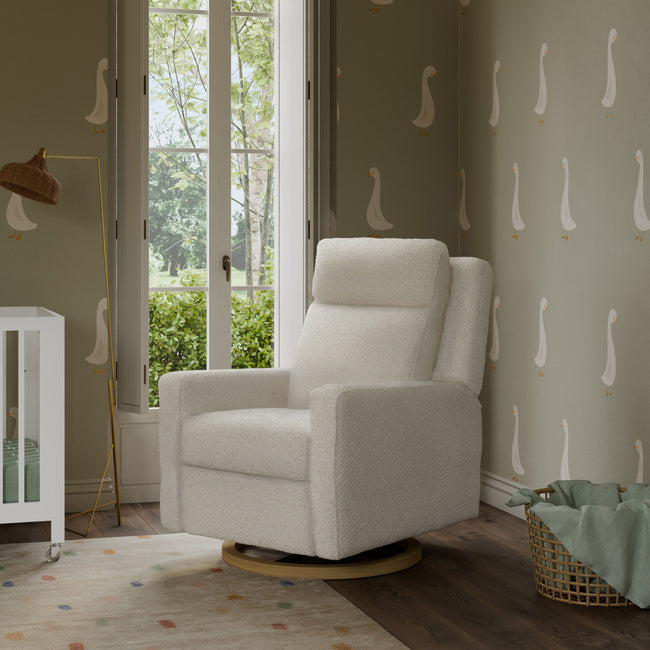 M23082CMSGLB,Babyletto,Sigi Pro Power Glider Recliner w/ Power Lumbar in Cream Shearling w/Light Wood Base
