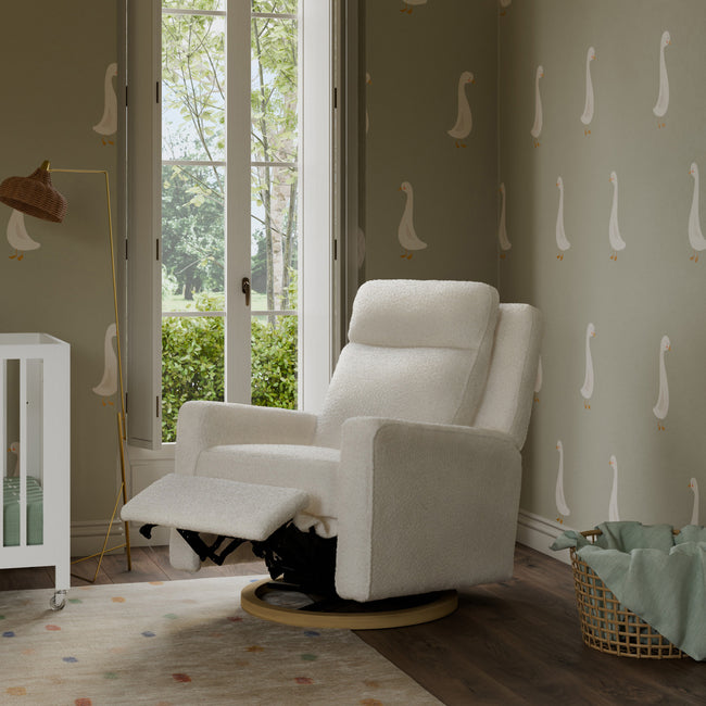 M23082CMSGLB,Babyletto,Sigi Pro Power Glider Recliner w/ Power Lumbar in Cream Shearling w/Light Wood Base