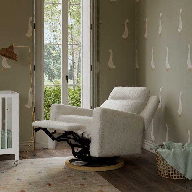 M23082CMSGLB,Babyletto,Sigi Pro Power Glider Recliner w/ Power Lumbar in Cream Shearling w/Light Wood Base