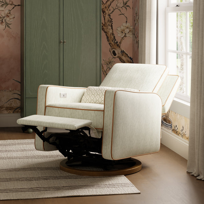 M23085OSCTB,Babyletto,Nate Berkus x Babyletto Sigi Power Recliner in Perf Olive Stripe Eco-Crossweave w/Toffee Base