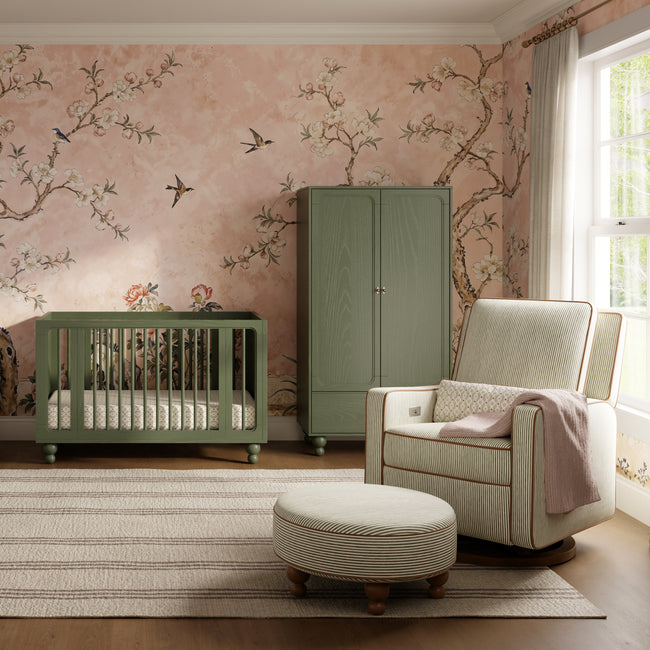 M23085OSCTB,Babyletto,Nate Berkus x Babyletto Sigi Power Recliner in Perf Olive Stripe Eco-Crossweave w/Toffee Base