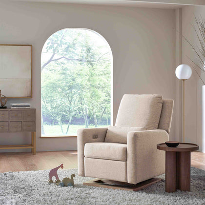 M23085PBEWLB,Babyletto,Sigi Glider Recliner w/ Electronic Control and USB in Performance Beach Eco-Weave w/Light Wood Base