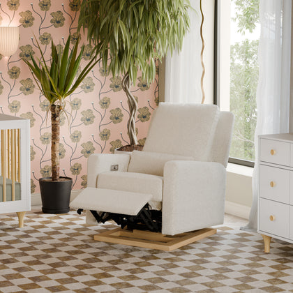 M23085WBLB,Babyletto,Sigi Glider Recliner w/ Electronic Control and USB in Ivory Boucle w/Light Wood Base