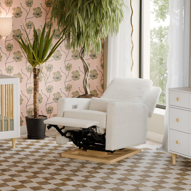 M23085WBLB,Babyletto,Sigi Glider Recliner w/ Electronic Control and USB in Ivory Boucle w/Light Wood Base