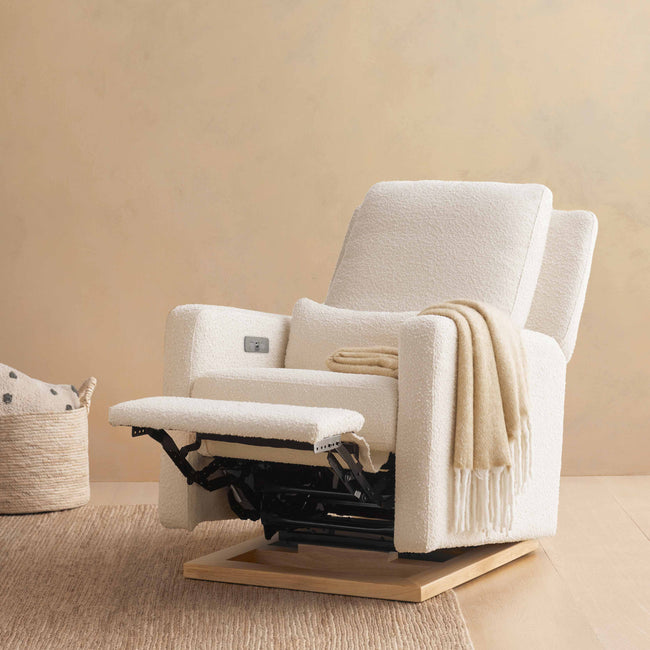 M23085WBLB,Babyletto,Sigi Glider Recliner w/ Electronic Control and USB in Ivory Boucle w/Light Wood Base