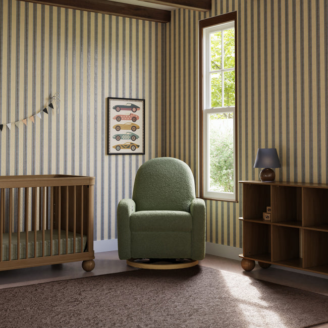 M23188OBLB,Babyletto,Nami Glider Recliner w/ Electronic Control and USB in Olive Boucle w/Light Wood Base