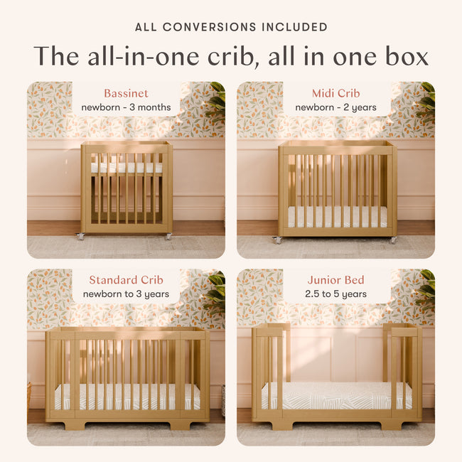 M23401HY,Babyletto,Yuzu 8-in-1 Convertible Crib w/ Bassinet & Toddler Bed Kits in Honey