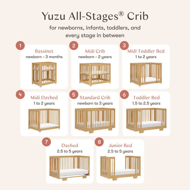 M23401HY,Babyletto,Yuzu 8-in-1 Convertible Crib w/ Bassinet & Toddler Bed Kits in Honey