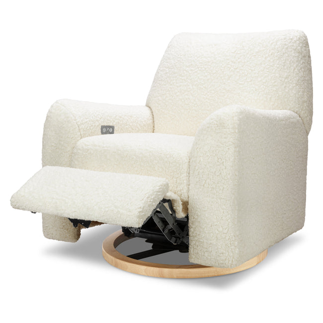 M24087CMSGLB,Nursery Works,Sunday Power Recliner and Swivel Glider in Cream Shearling w/ Light Wood Base