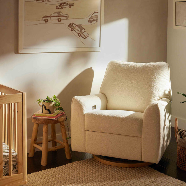 M24087CSHLB,Nursery Works,Sunday Power Recliner and Swivel Glider in Chantilly Fleece w/ Light Wood Base