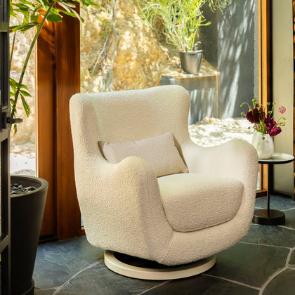 M24187WBIB,Nursery Works,Solstice Swivel Glider in Ivory Boucle w/Ivory Wood Base