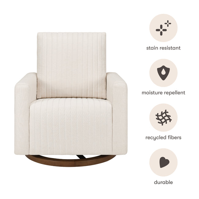 M26687PCMEWDB,Babyletto,Poe Channeled Swivel Glider in Performance Cream Eco-Weave w/ Dark Wood Base