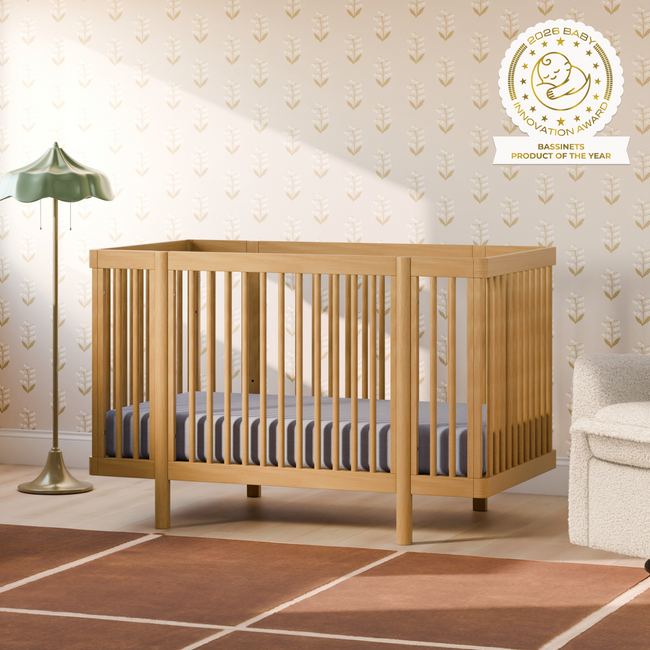 M29880HY,Babyletto,Pogo 8-in-1 Convertible Crib w/ Bassinet & Toddler Bed Kits in Honey