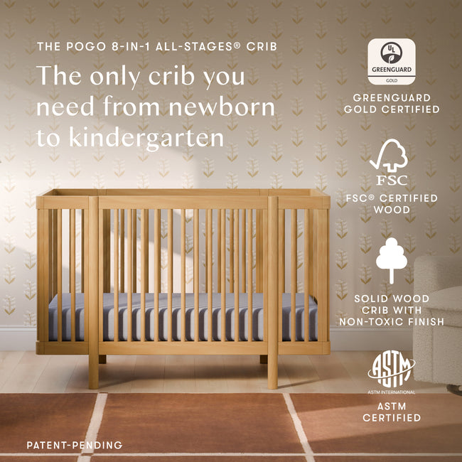 M29880HY,Babyletto,Pogo 8-in-1 Convertible Crib w/ Bassinet & Toddler Bed Kits in Honey