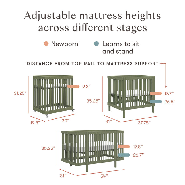 M29880OL,Babyletto,Pogo 8-in-1 Convertible Crib w/ Bassinet & Toddler Bed Kits in Olive