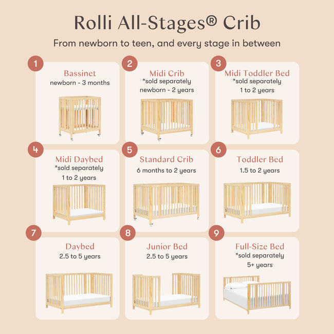 M30880BD,Babyletto,Rolli 9-in-1 Convertible All-Stages® Crib w/ Bassinet & Toddler Bed Kits in Blonde