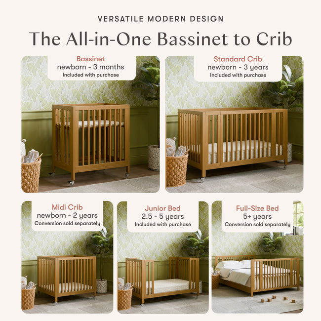 M30880HY,Babyletto,Rolli 9-in-1 Convertible All-Stages® Crib w/ Bassinet & Toddler Bed Kits in Honey