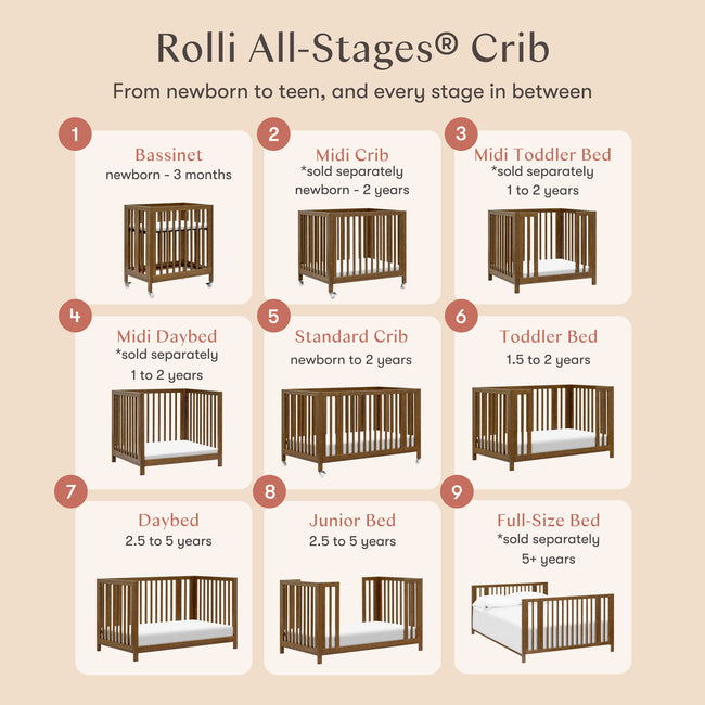 M30880NL,Babyletto,Rolli 9-in-1 Convertible All-Stages® Crib w/ Bassinet & Toddler Bed Kits in Natural Walnut